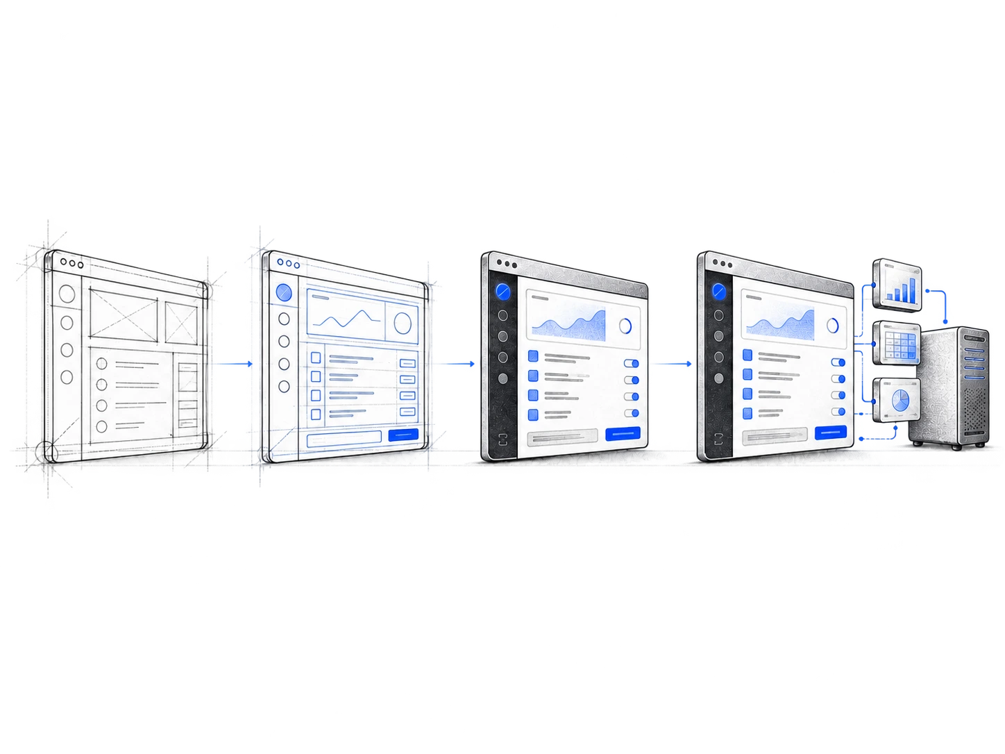 One product evolving from an initial sketch to a concept, a working interface and a connected system.