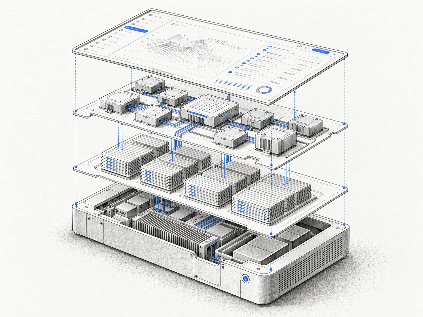 An exploded system with a software interface above connected processing modules, server stacks and a hardware enclosure.