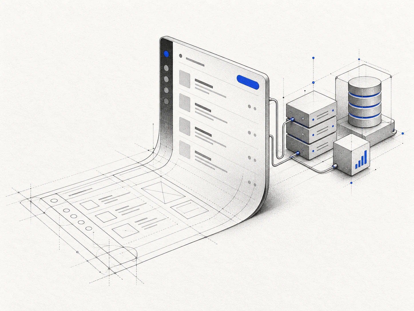 A wireframe sketch unfolding into a working product connected to data and computing modules.