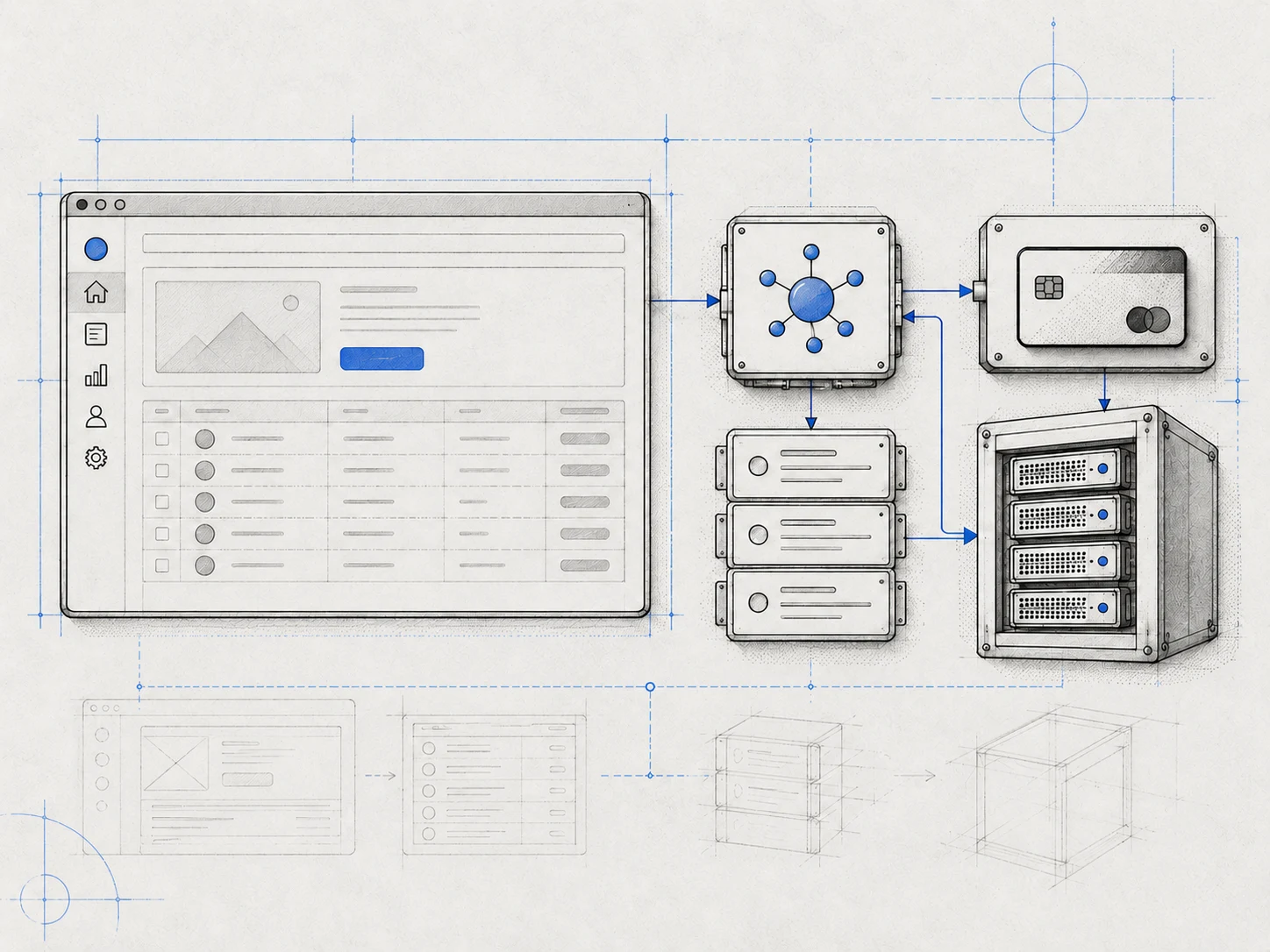 A product blueprint connecting an interface with AI, data, payments and computing infrastructure.